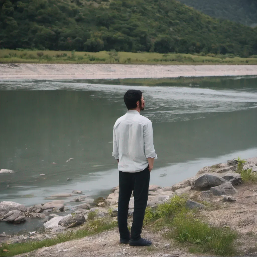 a man standing near river. 