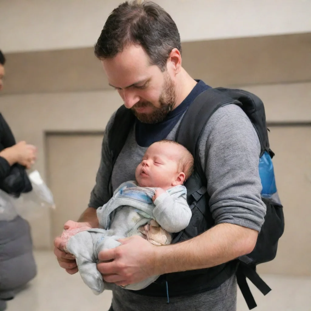 aia man stuffing a newborn baby in a backpack