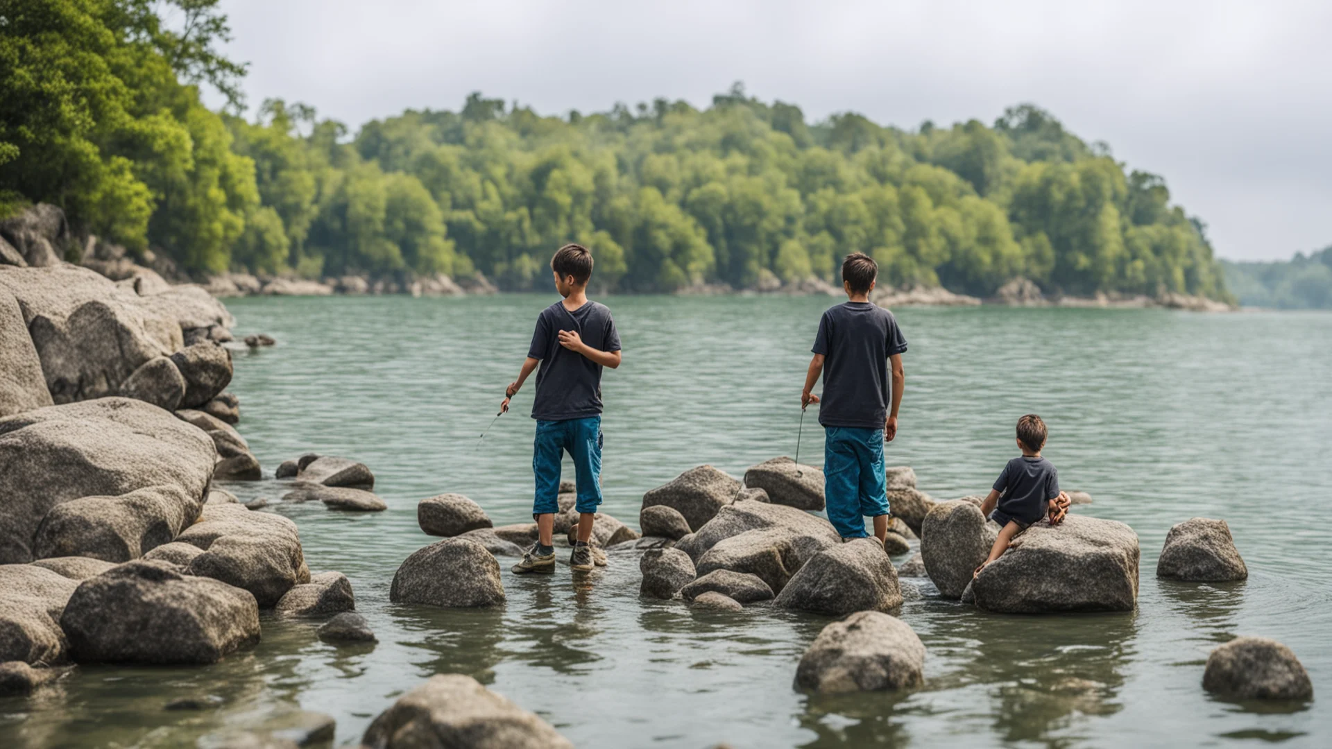 aia man with son are rock fishing wide