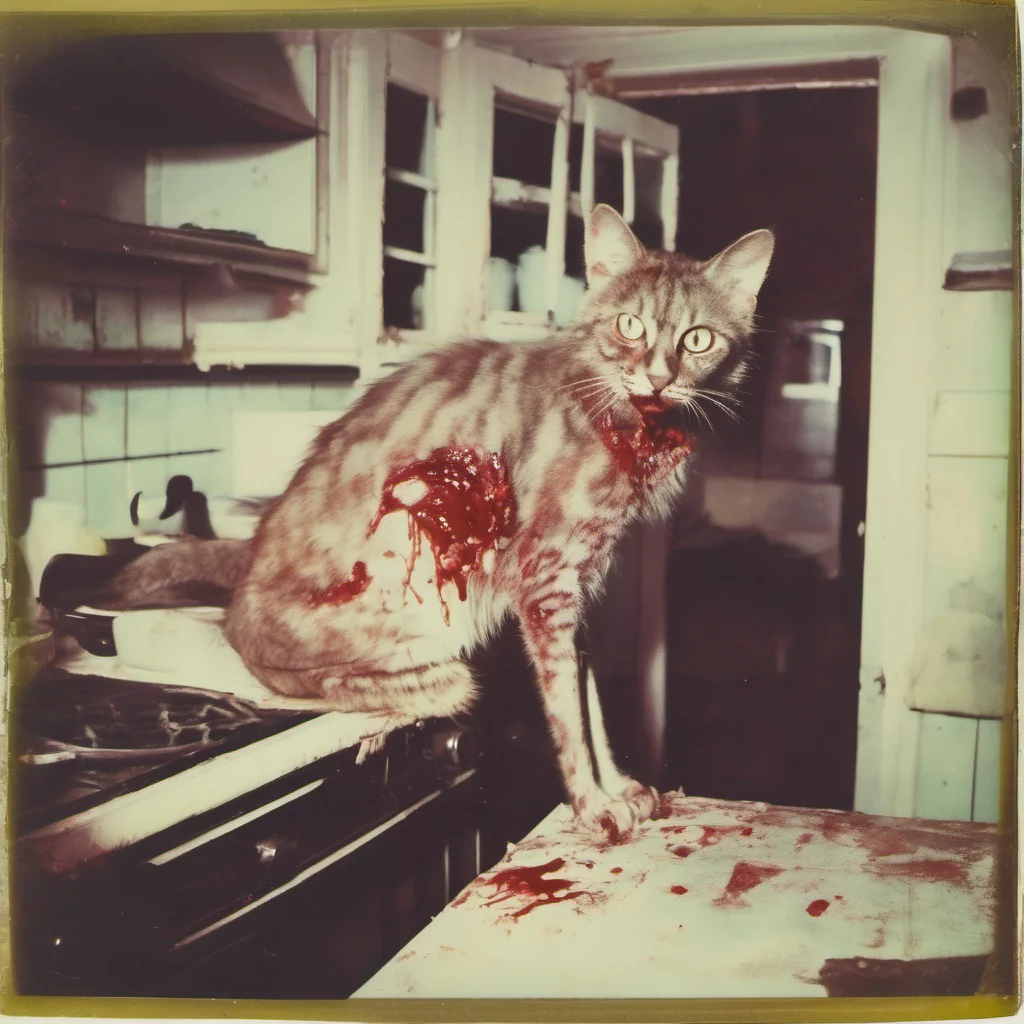 aia mean bloody cypress zombie cat in an old kitchen   zomby teeth   zombie eyes   with lots of blood   uncanny horror    polaroid confident engaging wow artstation art 3