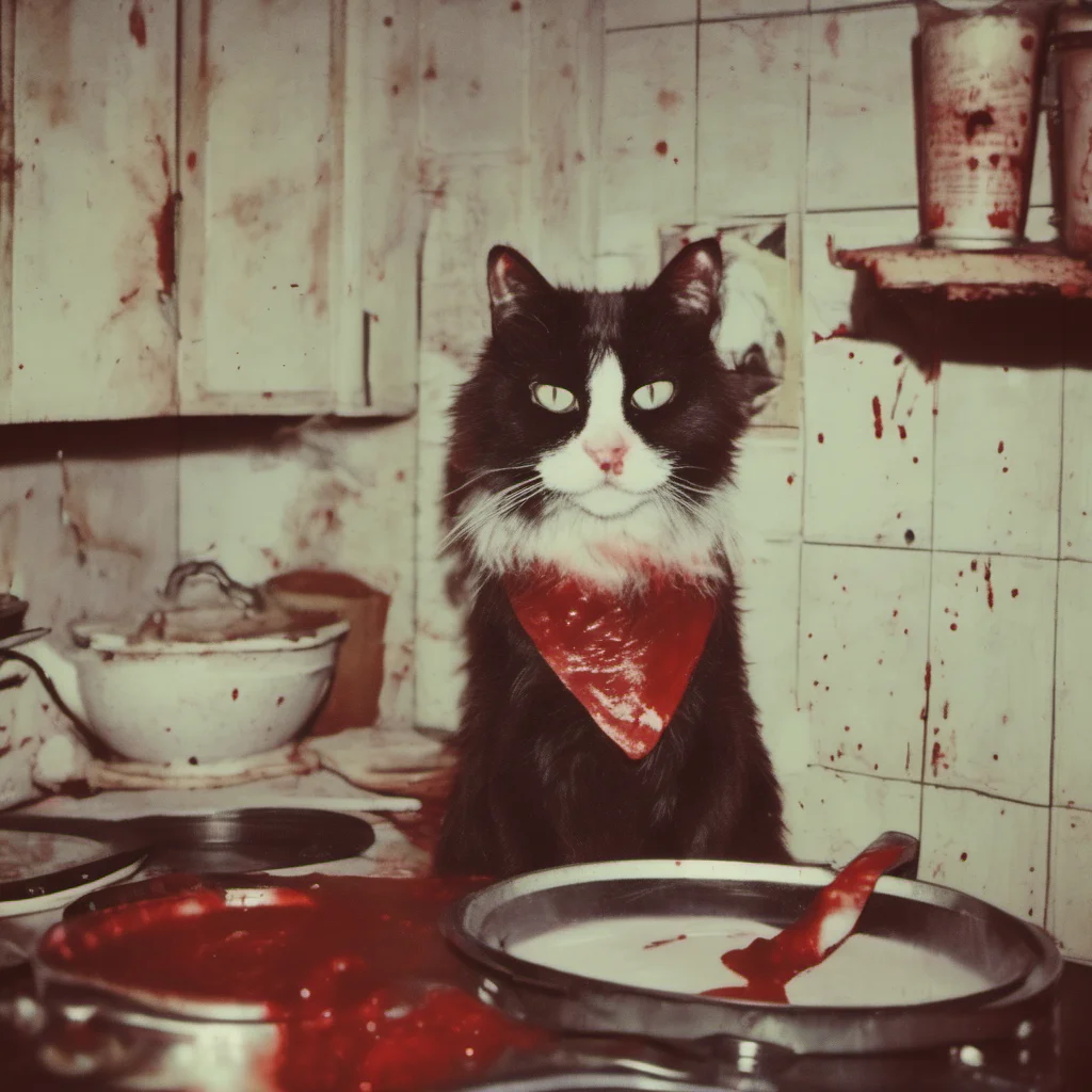 aia mean bloody cypress zombie cat in an old kitchen   zomby teeth   zombie eyes   with lots of blood   uncanny horror    polaroid