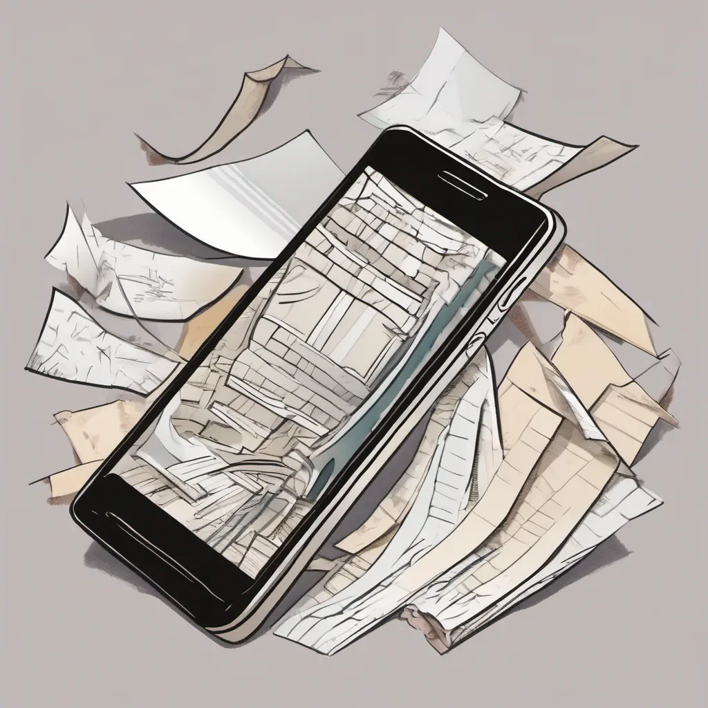 aia mobile phone with screen shown with several pieces of paper seeming to curve into it cartoon style