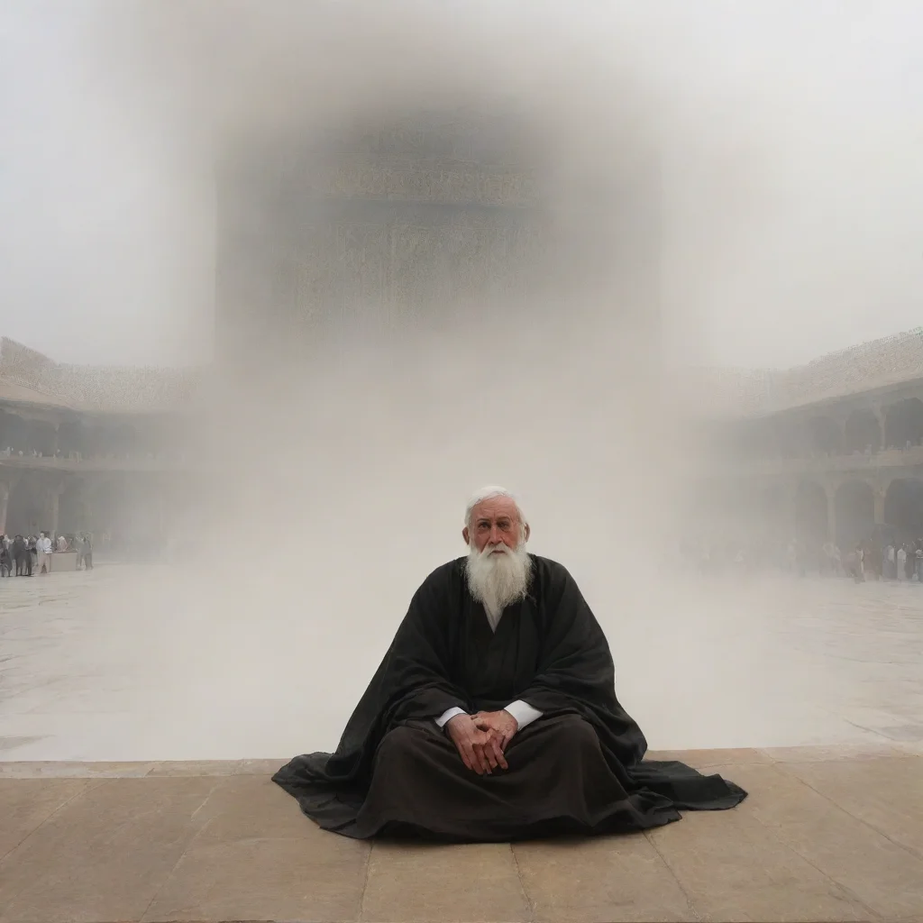 aia near real wallpaper in which an old man covered in shroud is sitting in front on kaba and it is mist environemnt