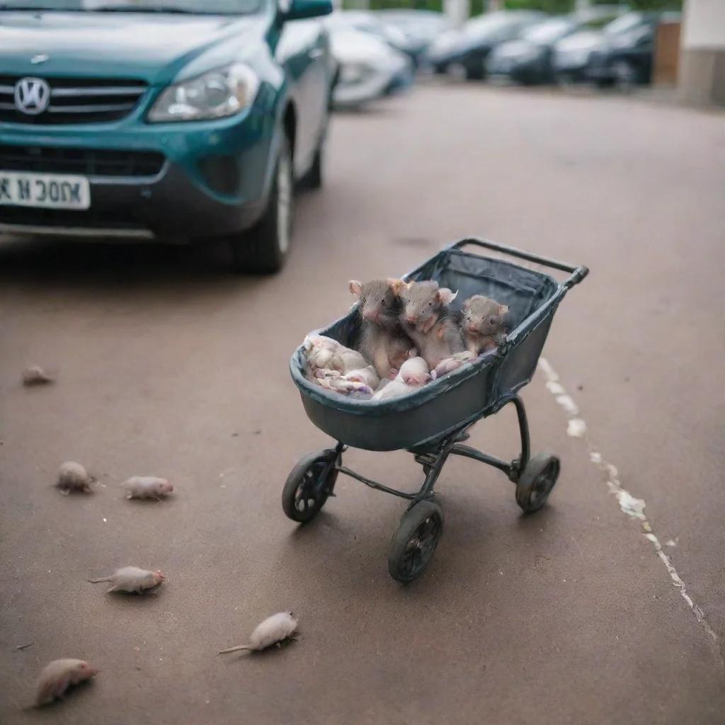 aia newborn baby in a buggy in a carpark surrounded by rats