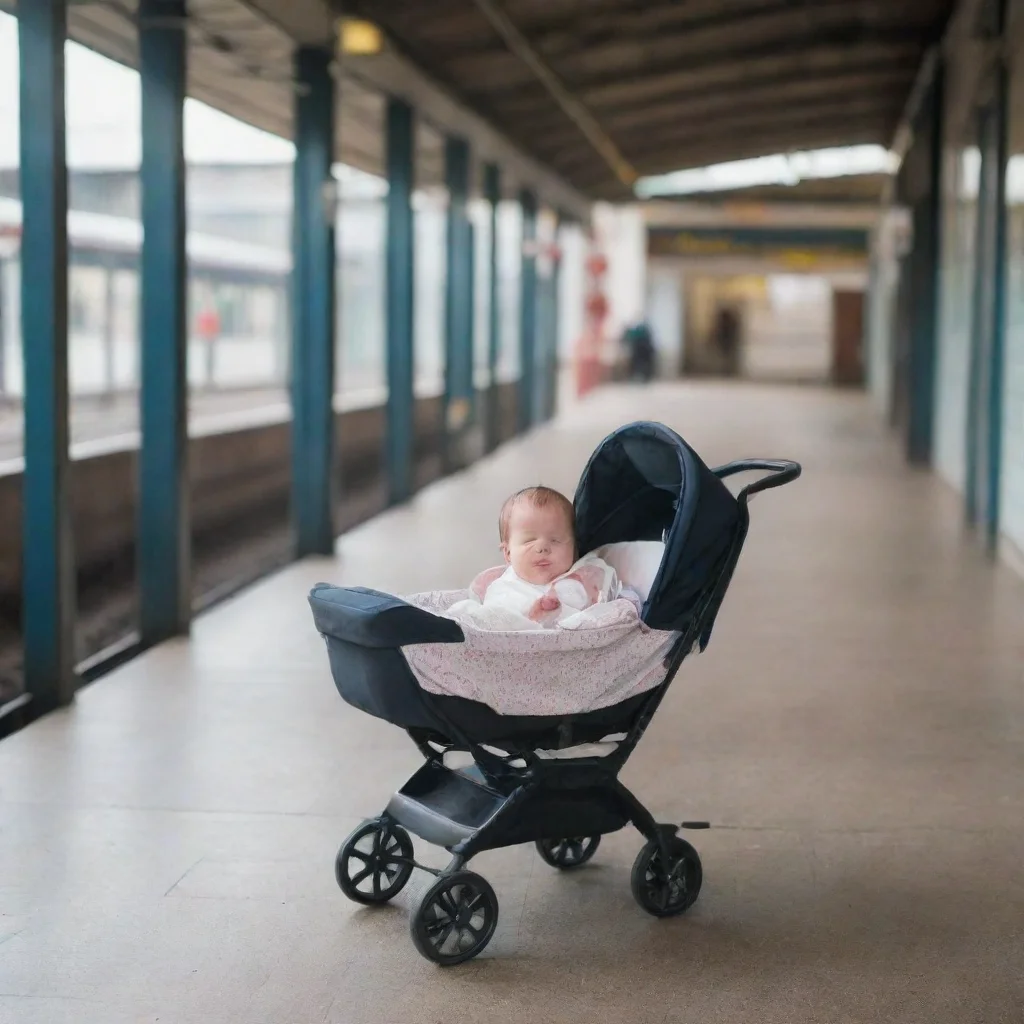 aia newborn baby in a buggy on in a train station