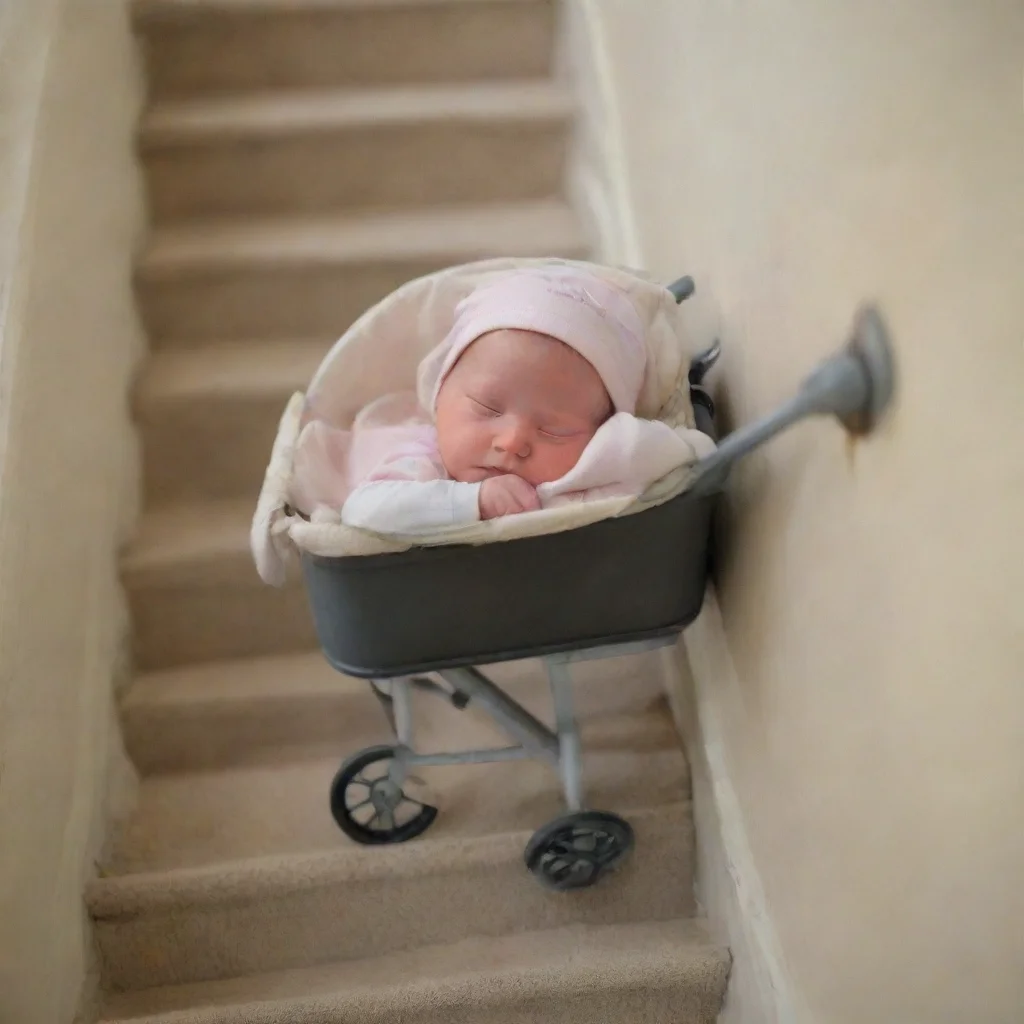 a newborn baby in a buggy rolling down stairs