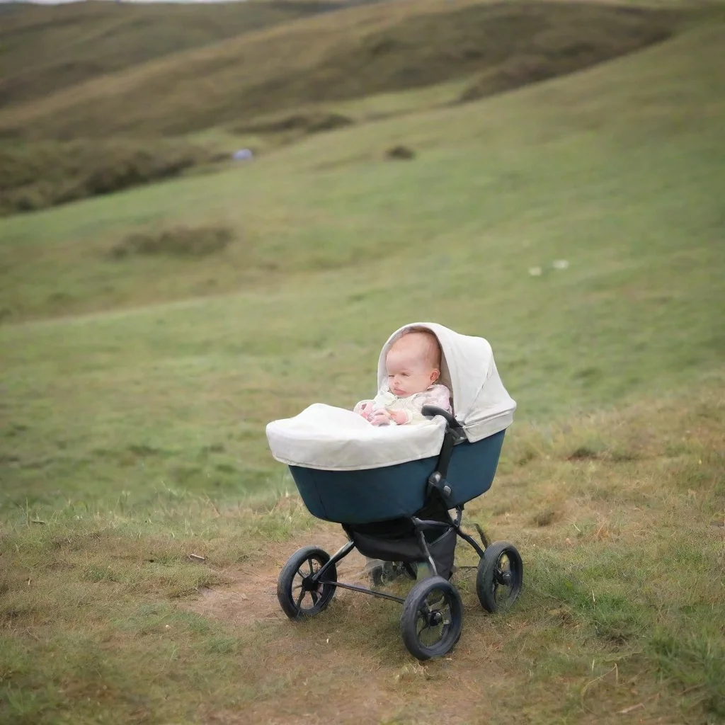 a newborn baby in a pram rolling down a hill