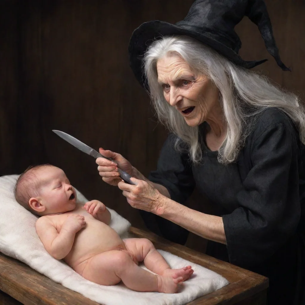 aia old witch with a knife cutting open a newborn baby