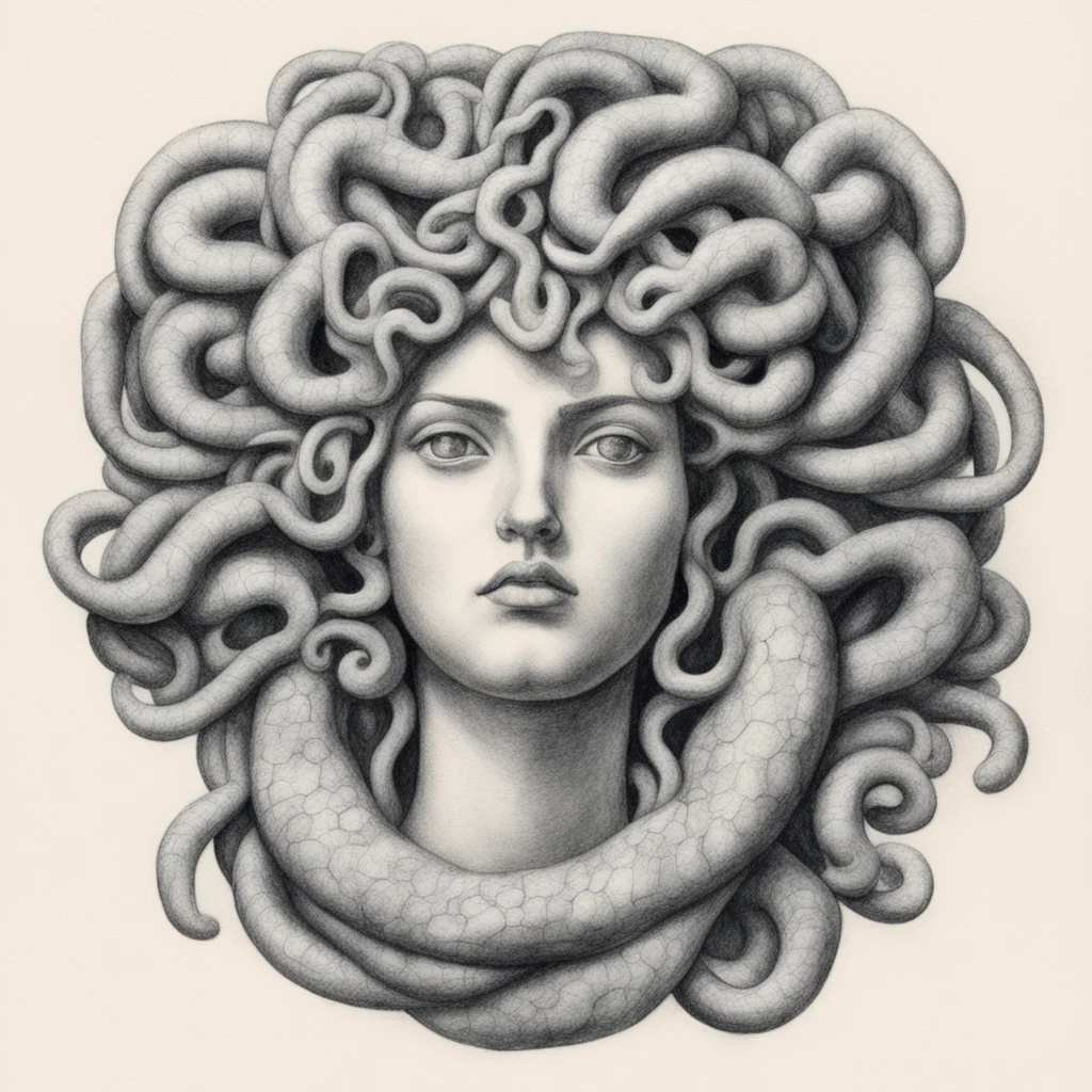 aia pencil drawing of a stone medusa in the style of luigi serafini