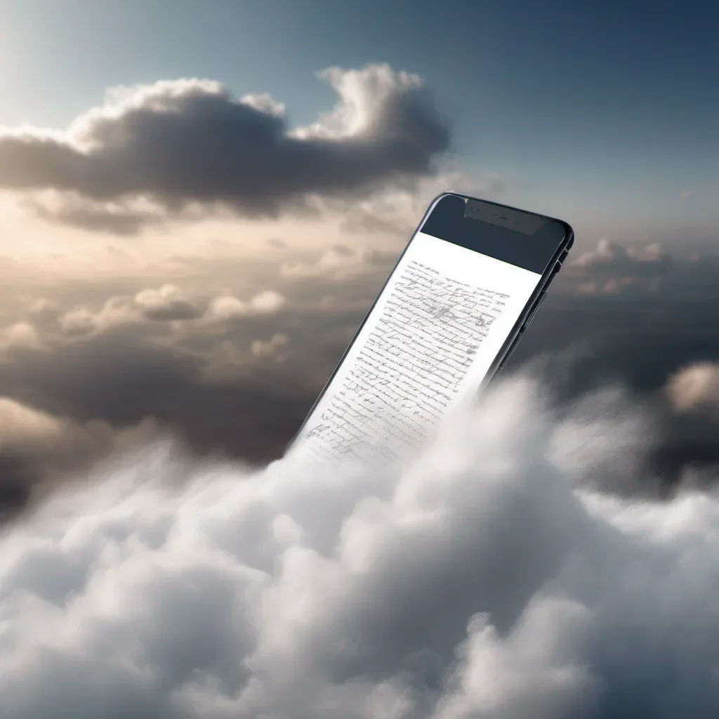 aia piece of paper with writing on it racing through white fluffy over exposed clouds on its way to a mobile application shown in the background with a glow around it amazing awesome portrait 2
