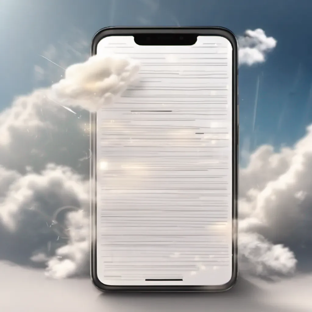 aia piece of paper with writing on it racing through white fluffy over exposed clouds on its way to a mobile application shown in the background with a glow around it
