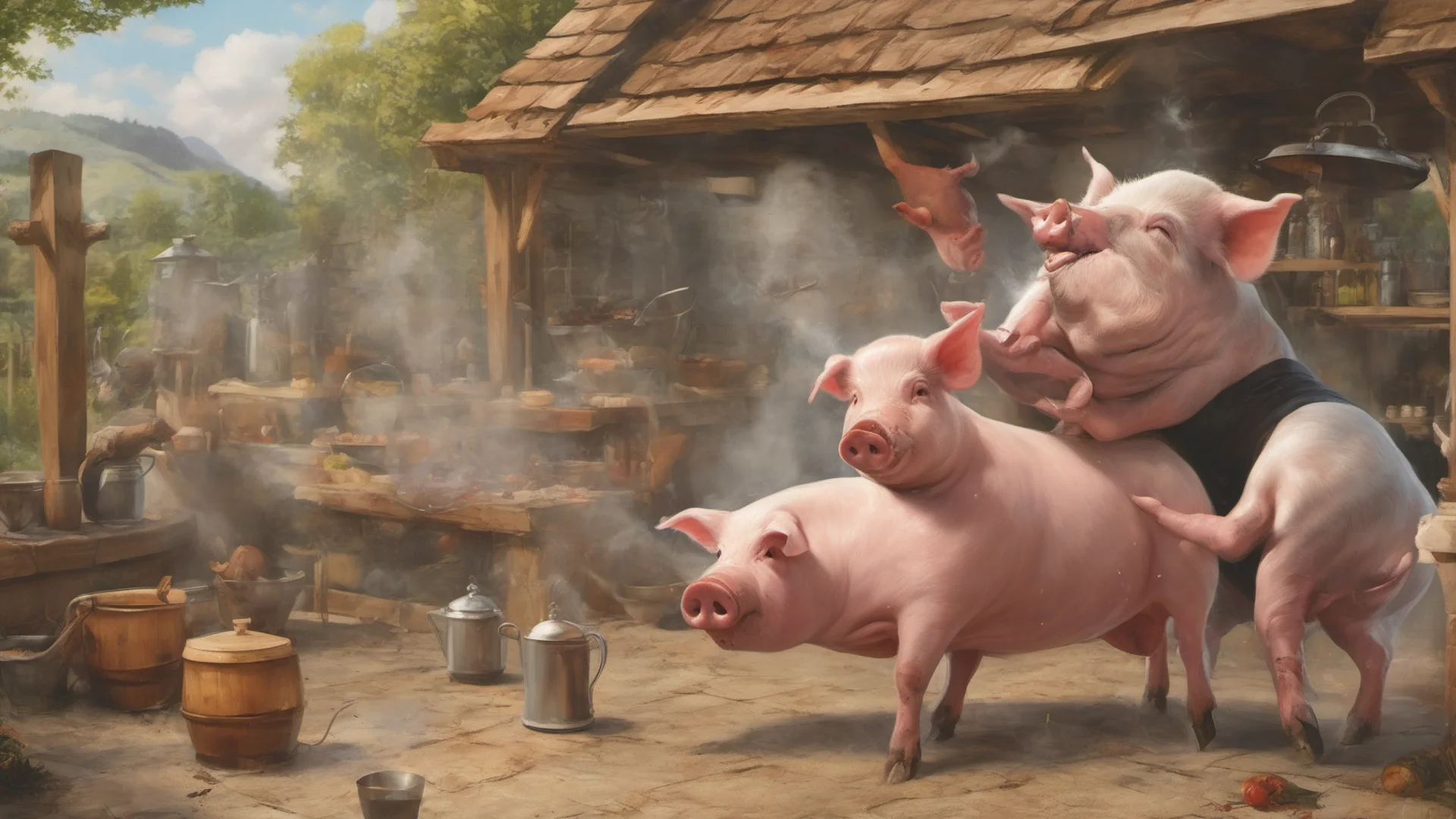 aia pig fighting a bull who is more delicious at an outdoor kitchen wide