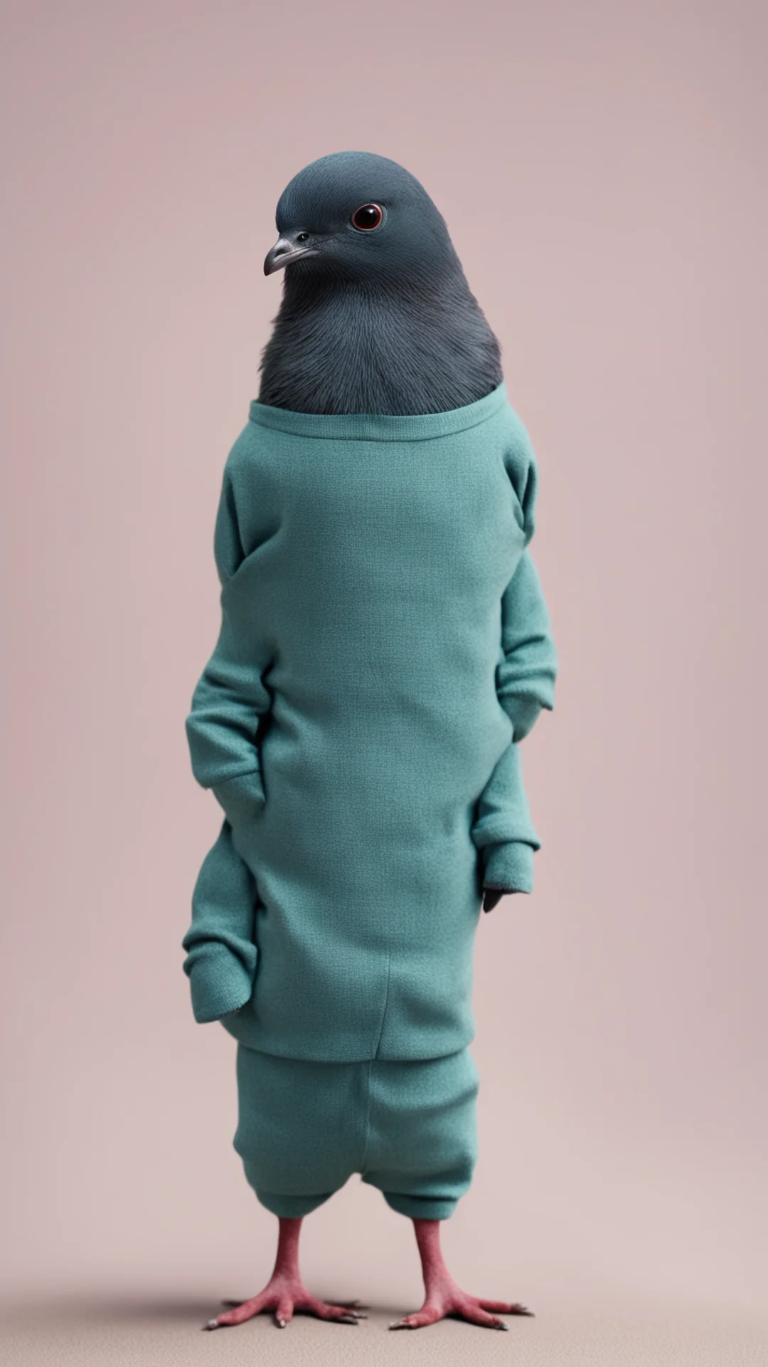 aia pigeon wearing a tracksuit in a stop motion movie tall