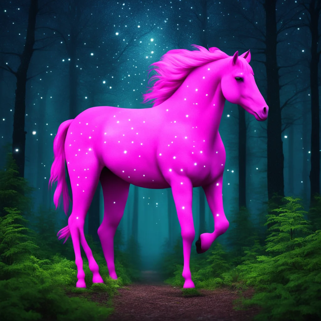 aia pink horse wanders through a dense forest under a starry sky