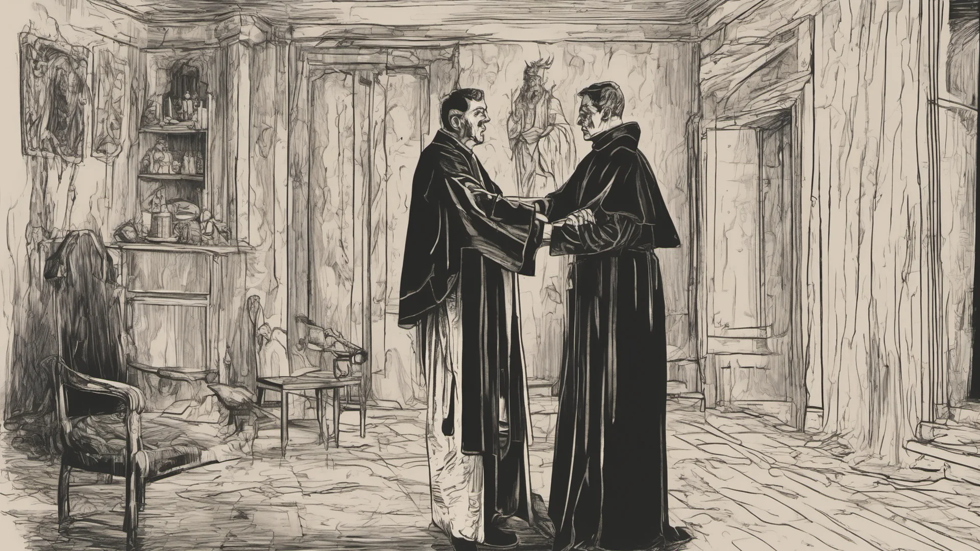 aia priest is talking to a devil inside a dark room amazing awesome portrait 2 wide