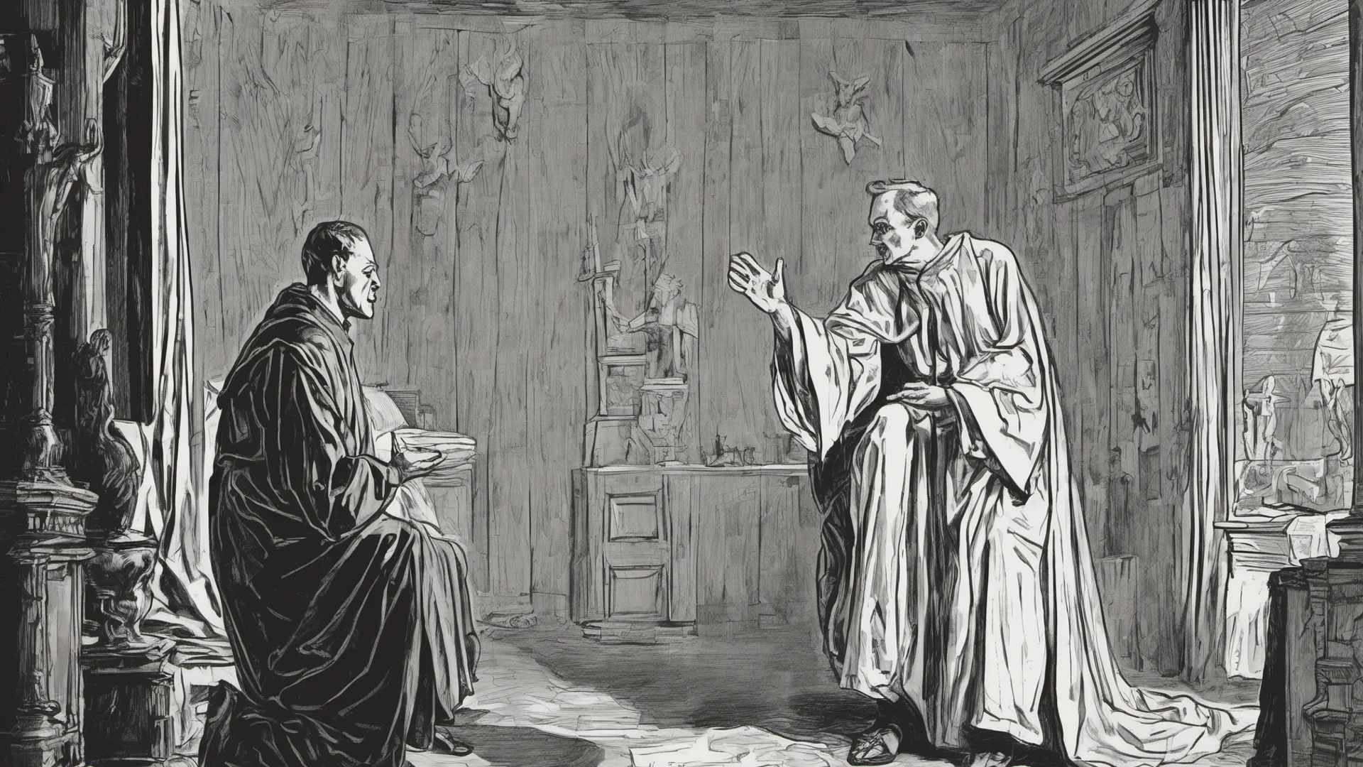 aia priest is talking to a devil inside a dark room good looking trending fantastic 1 wide