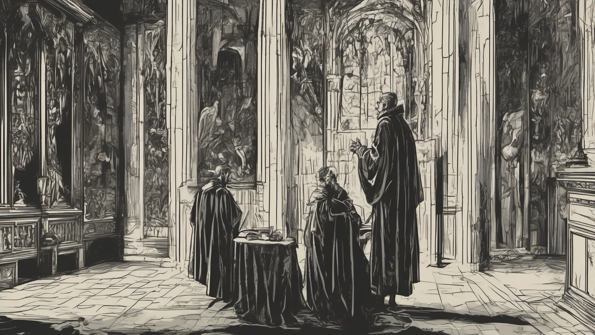aia priest is talking to a devil inside a dark room wide