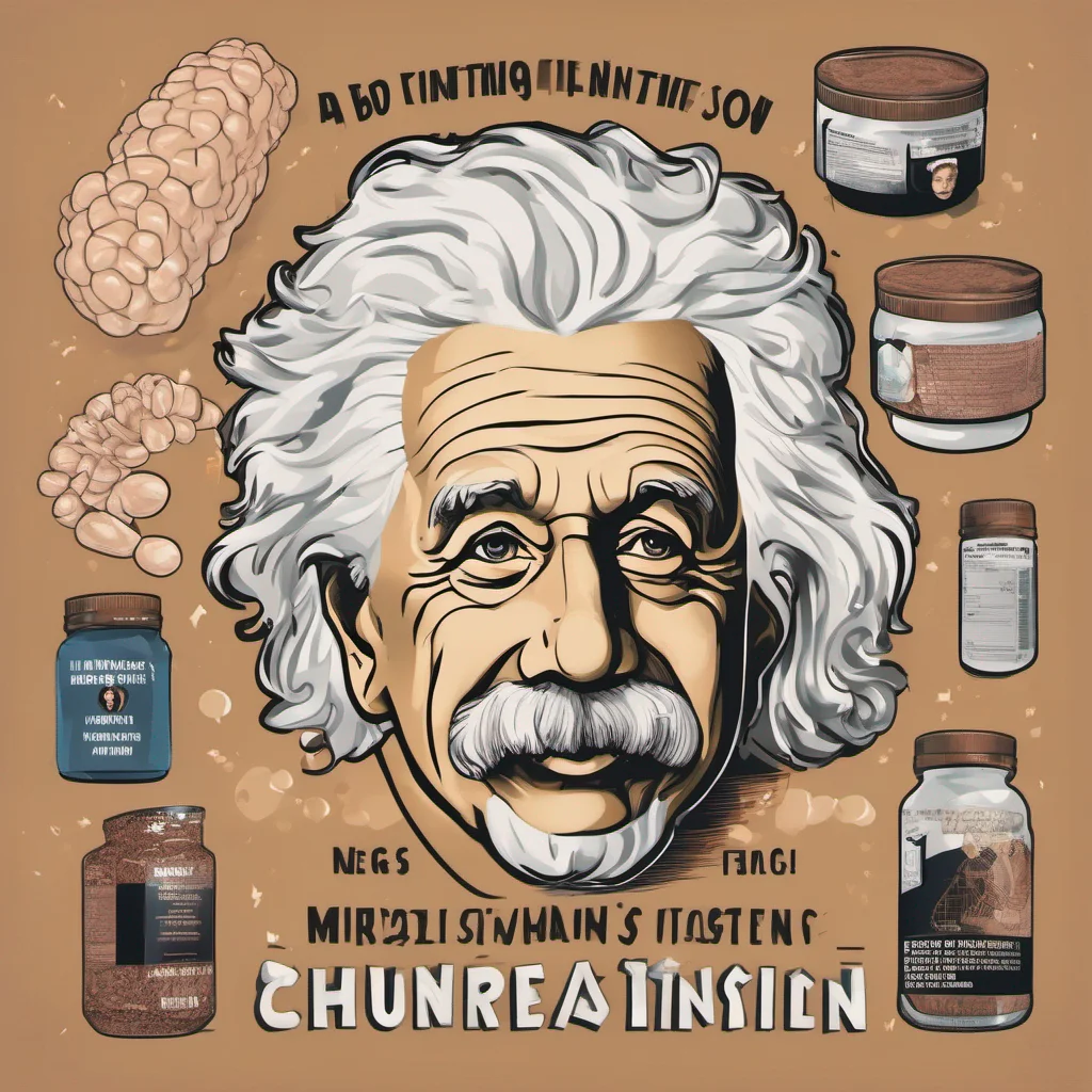 a protein supplement that has a muscular albert einstein as its cover and that has as its motto chuzate de conocimiento confident engaging wow artstation art 3
