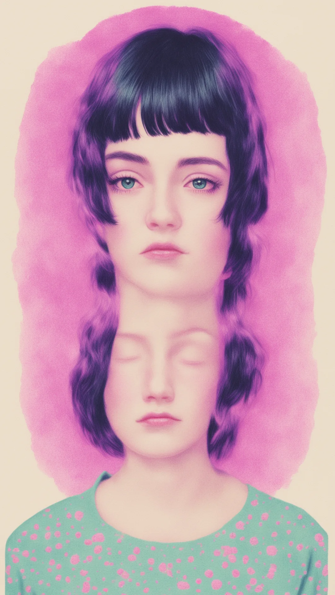aia realistic risograph portrait of a single beautiful emo manic pixie dream girl with two soft warm identical symmetrical amazing awesome portrait 2 tall