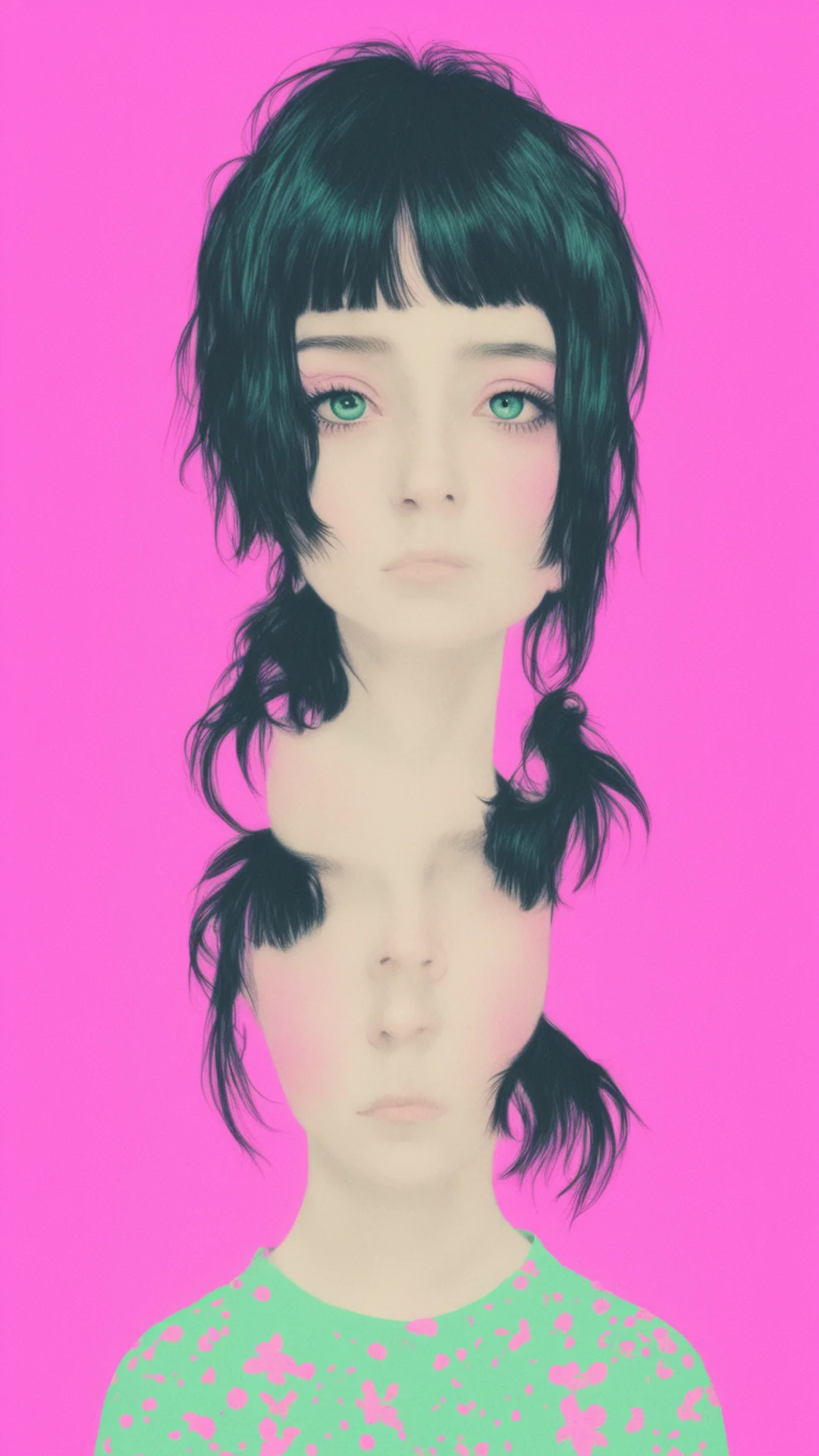 aia realistic risograph portrait of a single beautiful emo manic pixie dream girl with two soft warm identical symmetrical good looking trending fantastic 1 tall
