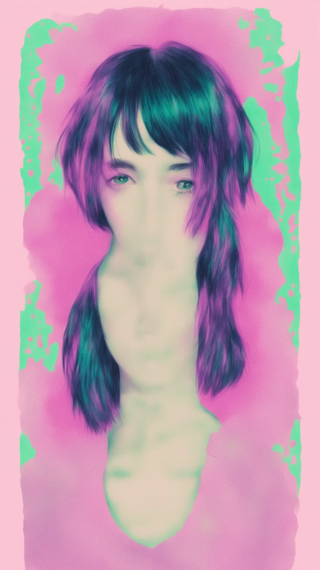 a realistic risograph portrait of a single beautiful emo manic pixie dream girl with two soft warm identical symmetrical tall