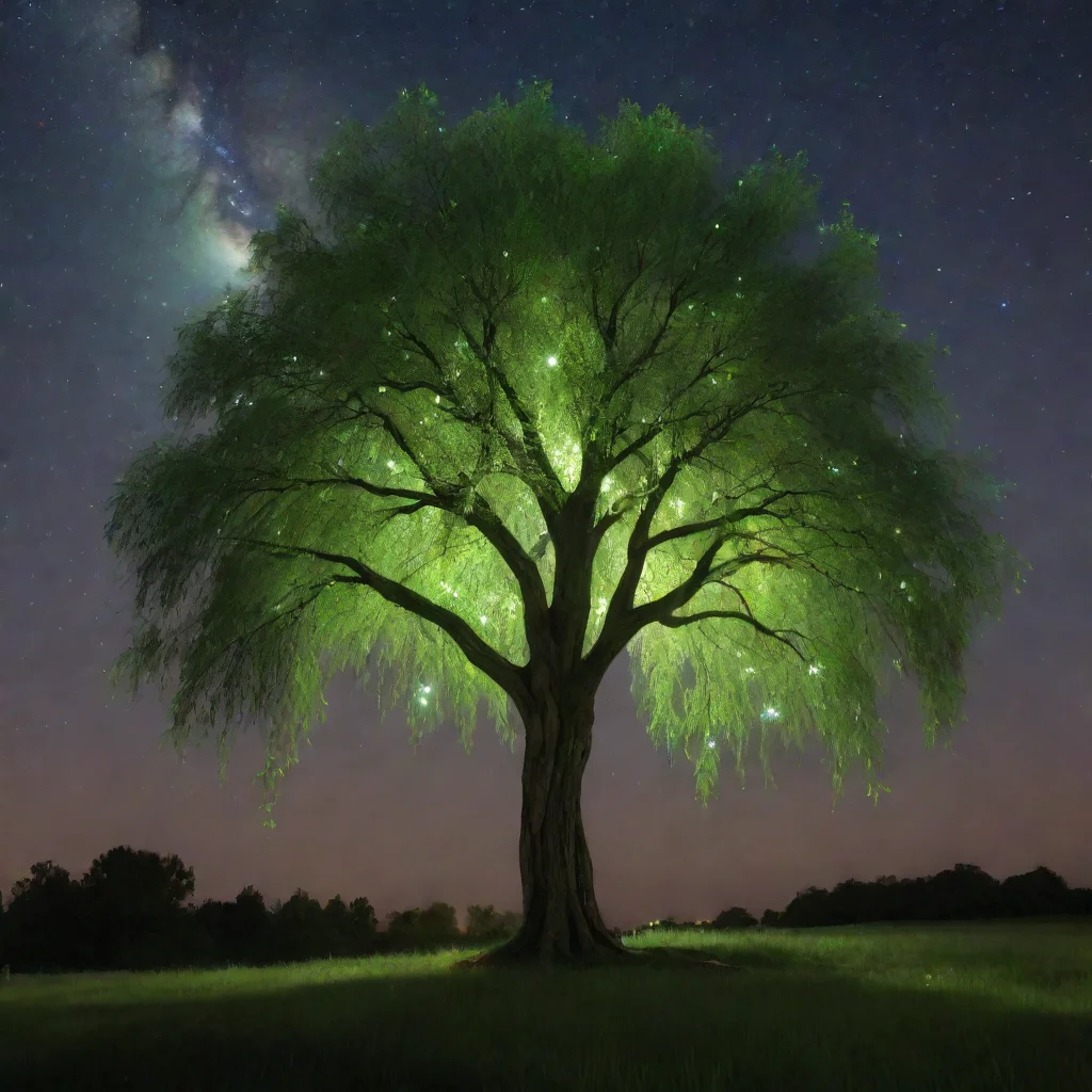 a really pretty and aesthetic green willow tree and a bright star at night