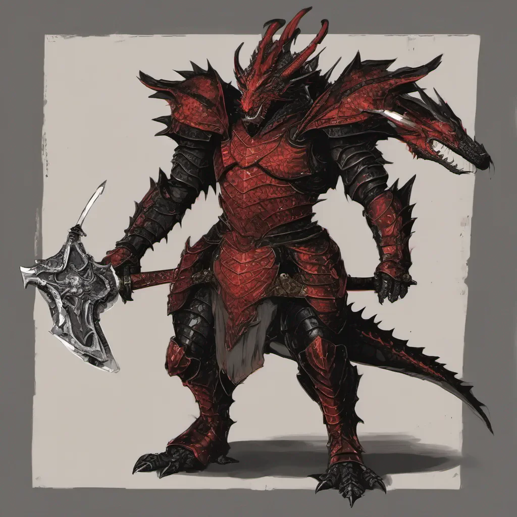aia red and black dragon in battle armour holding a sword confident engaging wow artstation art 3