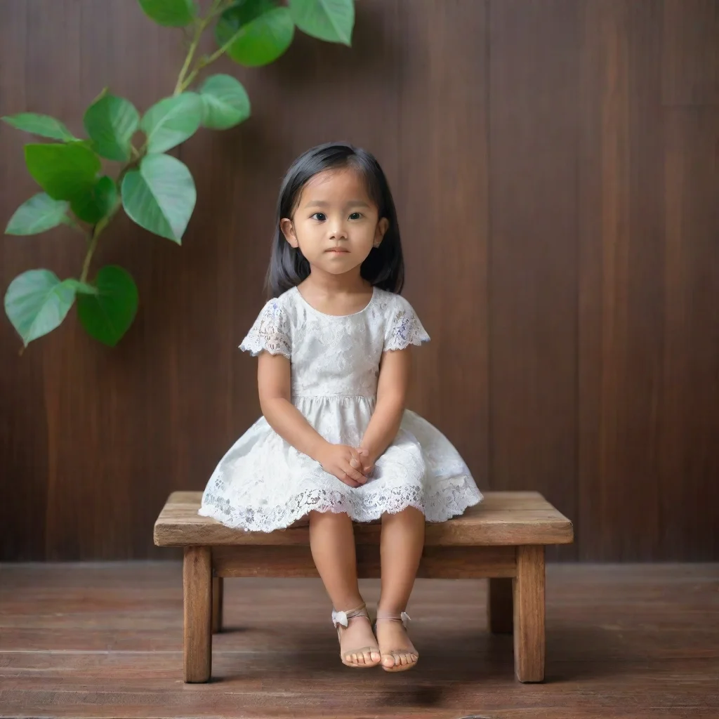 aia six year old indonesian girl sit on the wood chair. interior wood feel with leaves on the wooden floor.