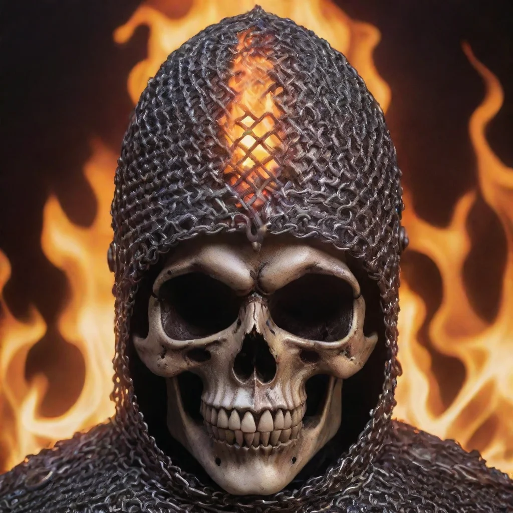 aia skull in a chainmail coiffe with a fire background