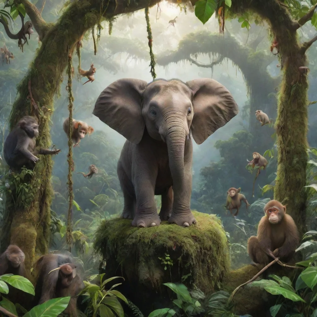 a small elephant sitting in a rainforest with its friends with a pretty rainforest in the backround with monkeys swinging above them on vines. 