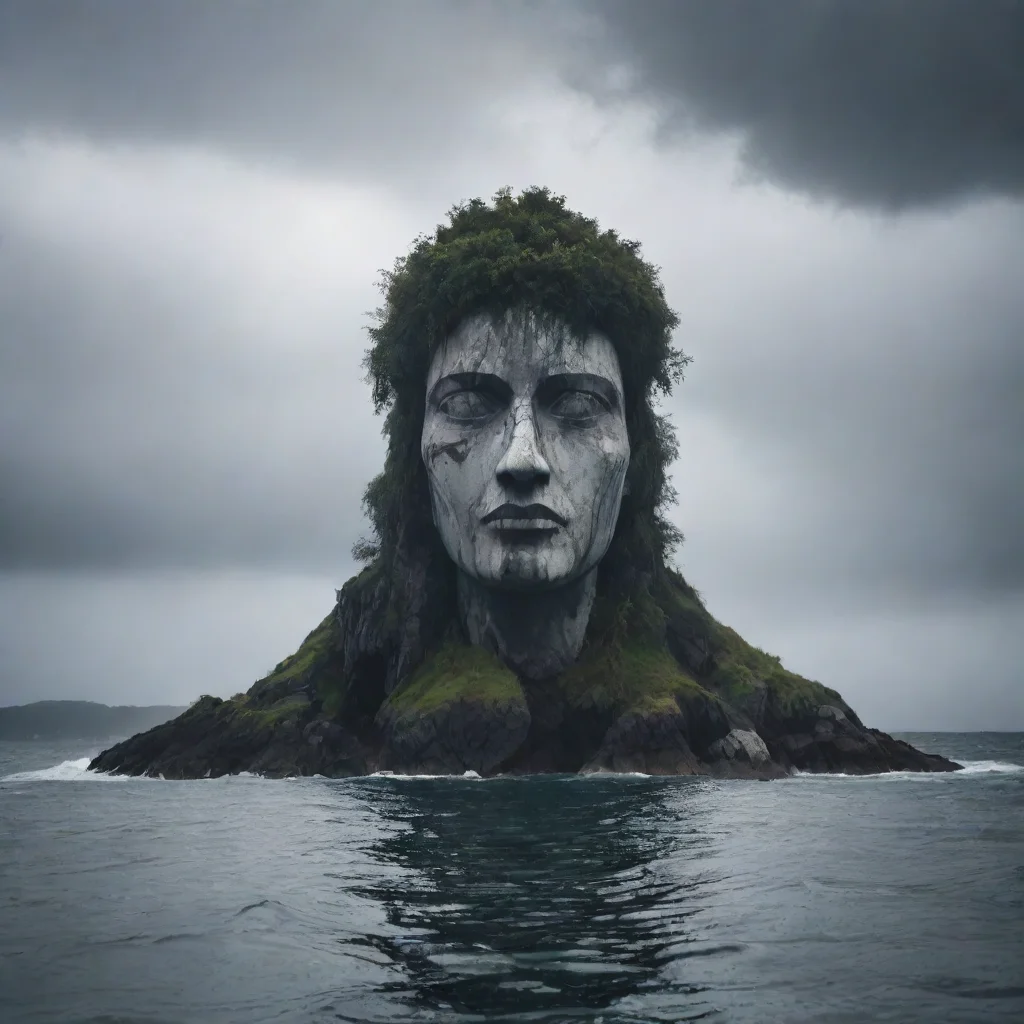 aia small island with a giant marble head on it  dark moody stormy misty ar 209