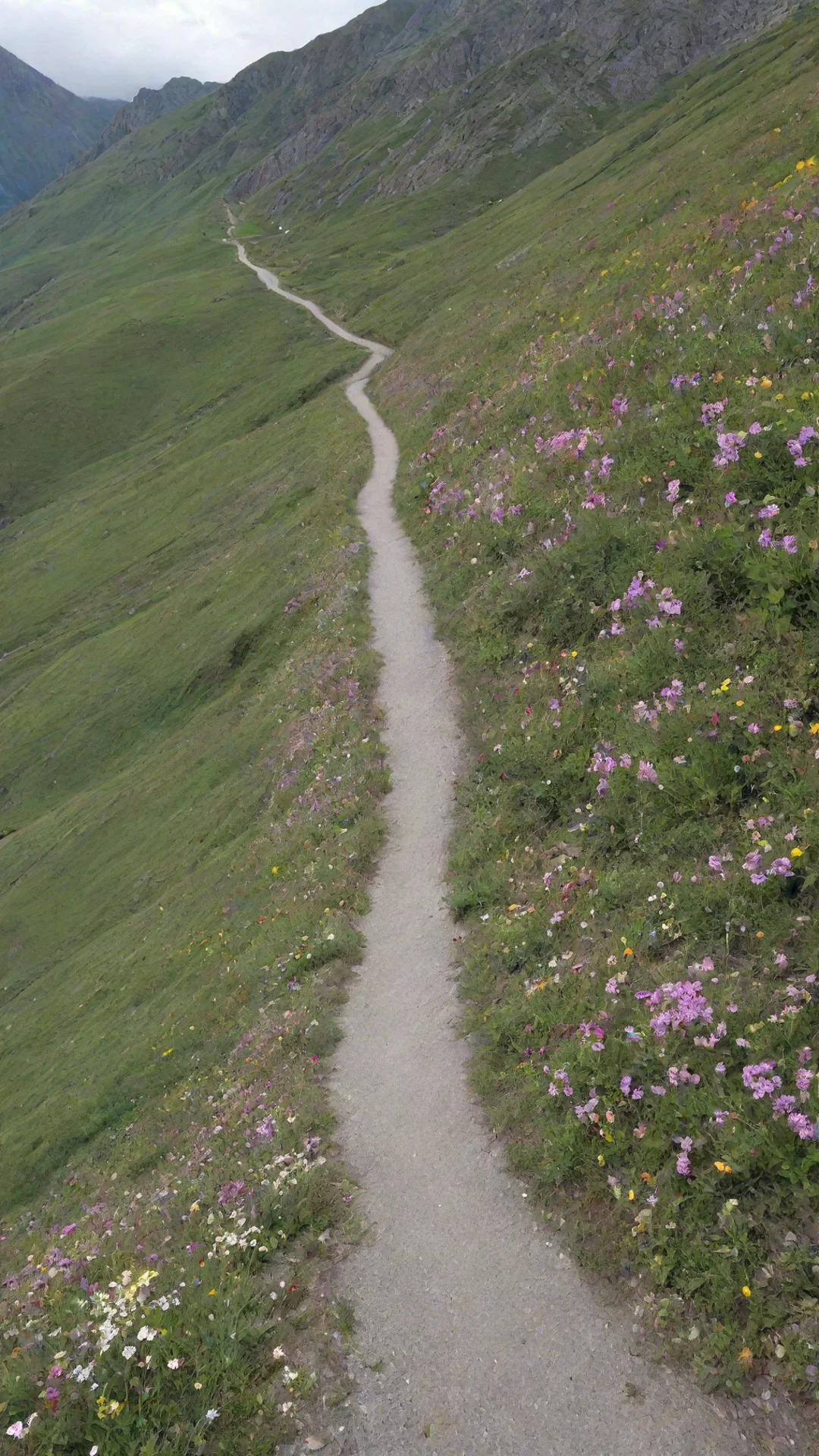 aia small road in the mountain side with many flowers. tall