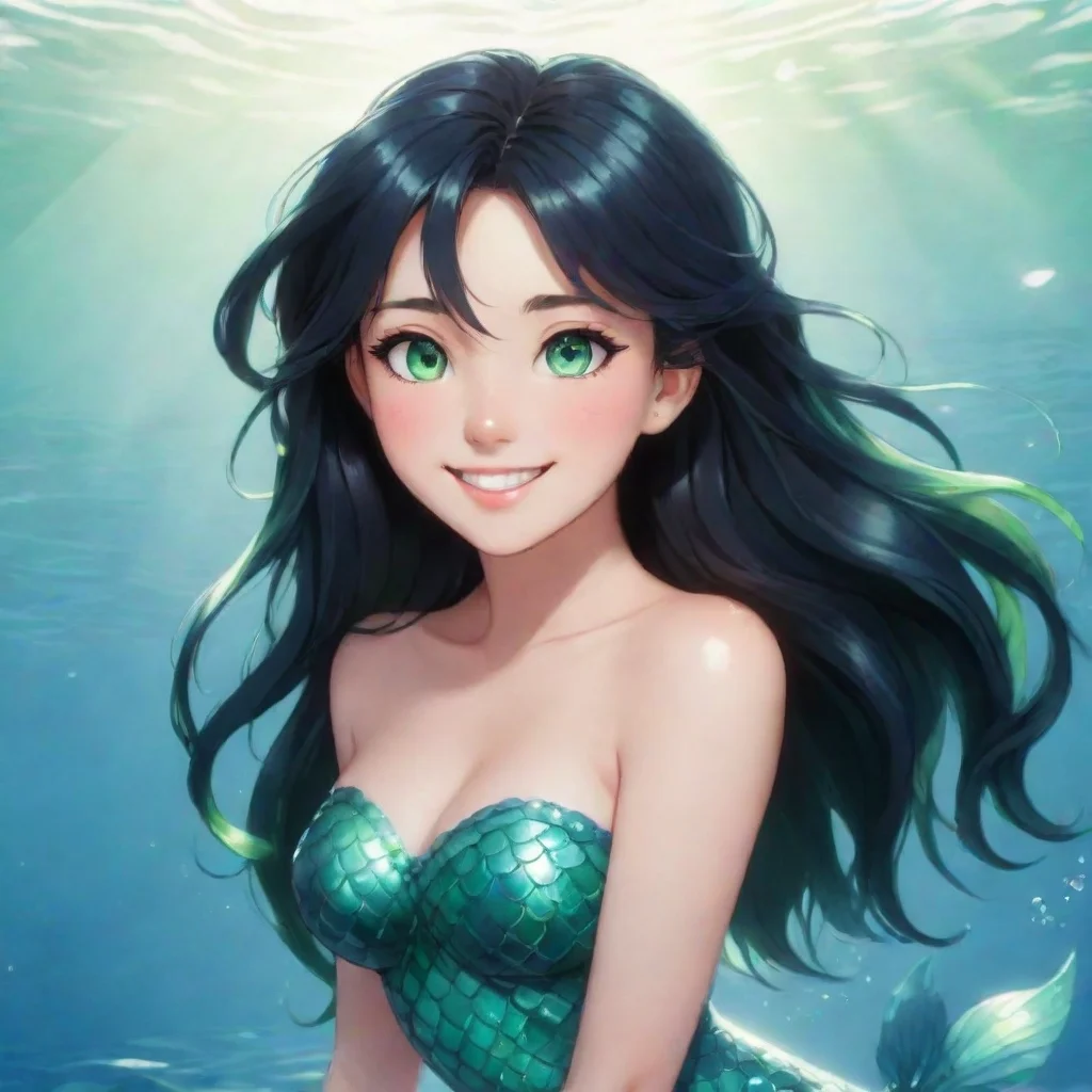 aia smiling anime mermaid with black hair and green eyes