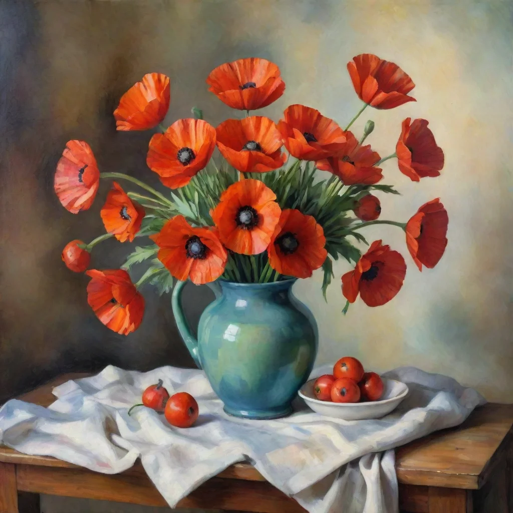 a still life with poppies in the style of cezanne