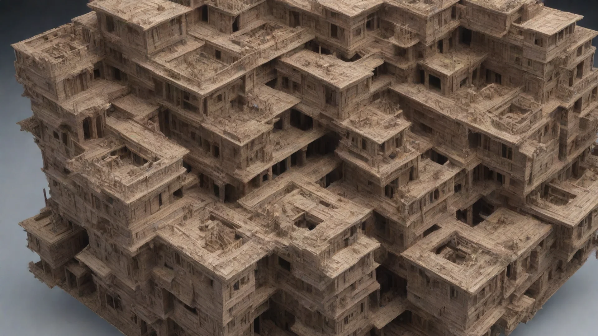 aia swarm of parts intertwined upside down escher paradox kitbash greeble timber construction building in a building socia wide