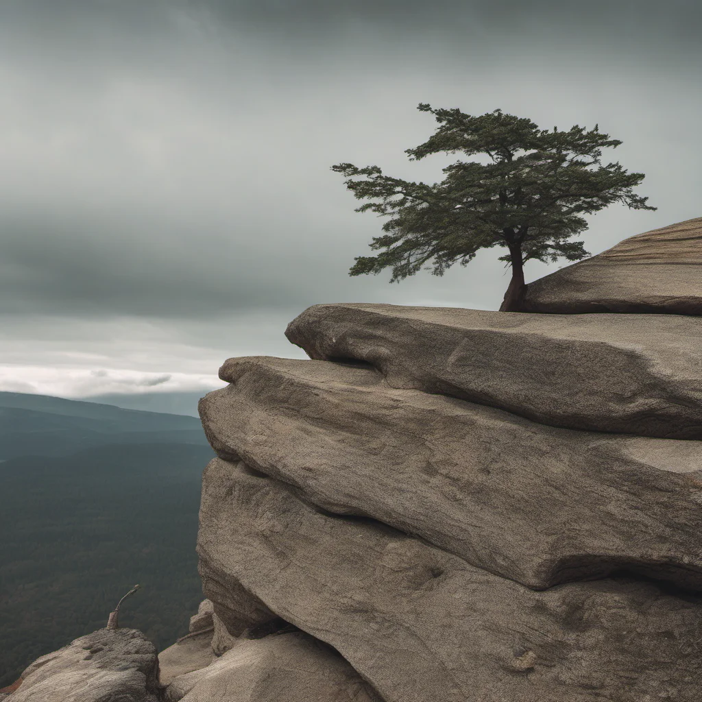 a tree stands on a big rock