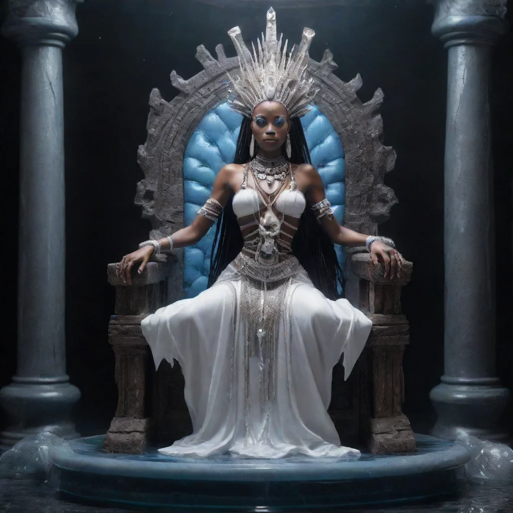 a voodoo priestess of silence on a fluid throne so clean and clear with technical crystals floating ar 1812