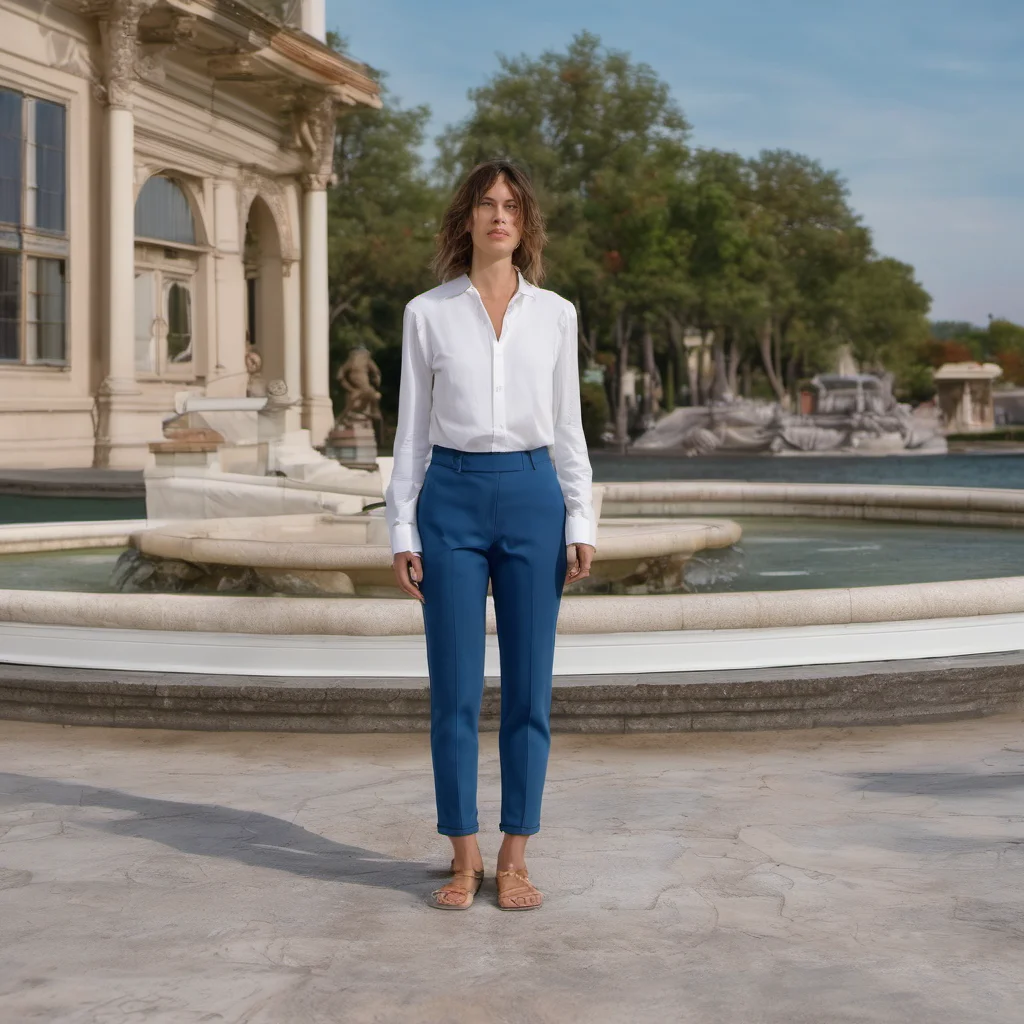 aia woman standing in front of a fountain wearing a white shirt and blue pants confident engaging wow artstation art 3