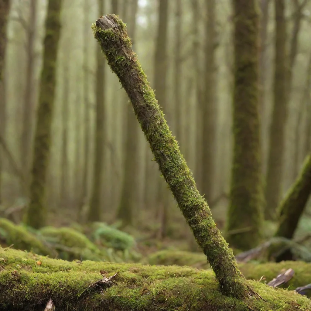 aia wooden stick that is light brown and not straight and has moss on it