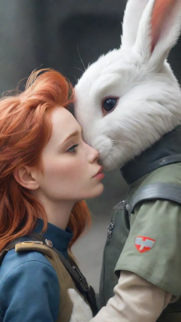 aia young human swedish soldier man kissing a female anthro furry rabbit tomboy redhead kissing romantically sci fi hd tall