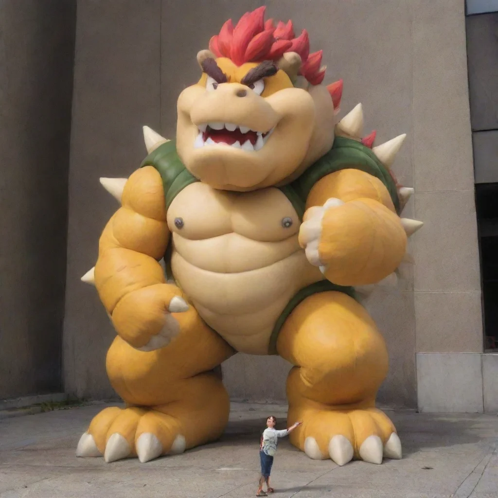 aia young man stands in front of bowser. bowser is much taller and bigger than himself animeretro