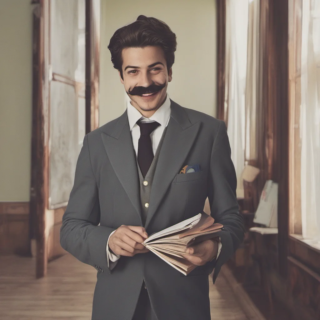 a young man with moustache dressed in suits smiling holding a book in his hand