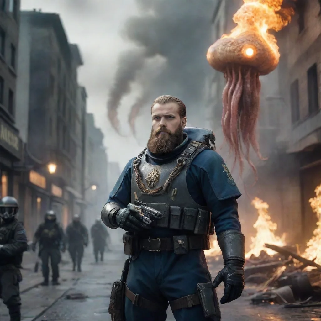 aia young swedish space marine with beard executing alien squid nazis in a burning sci fi city hd