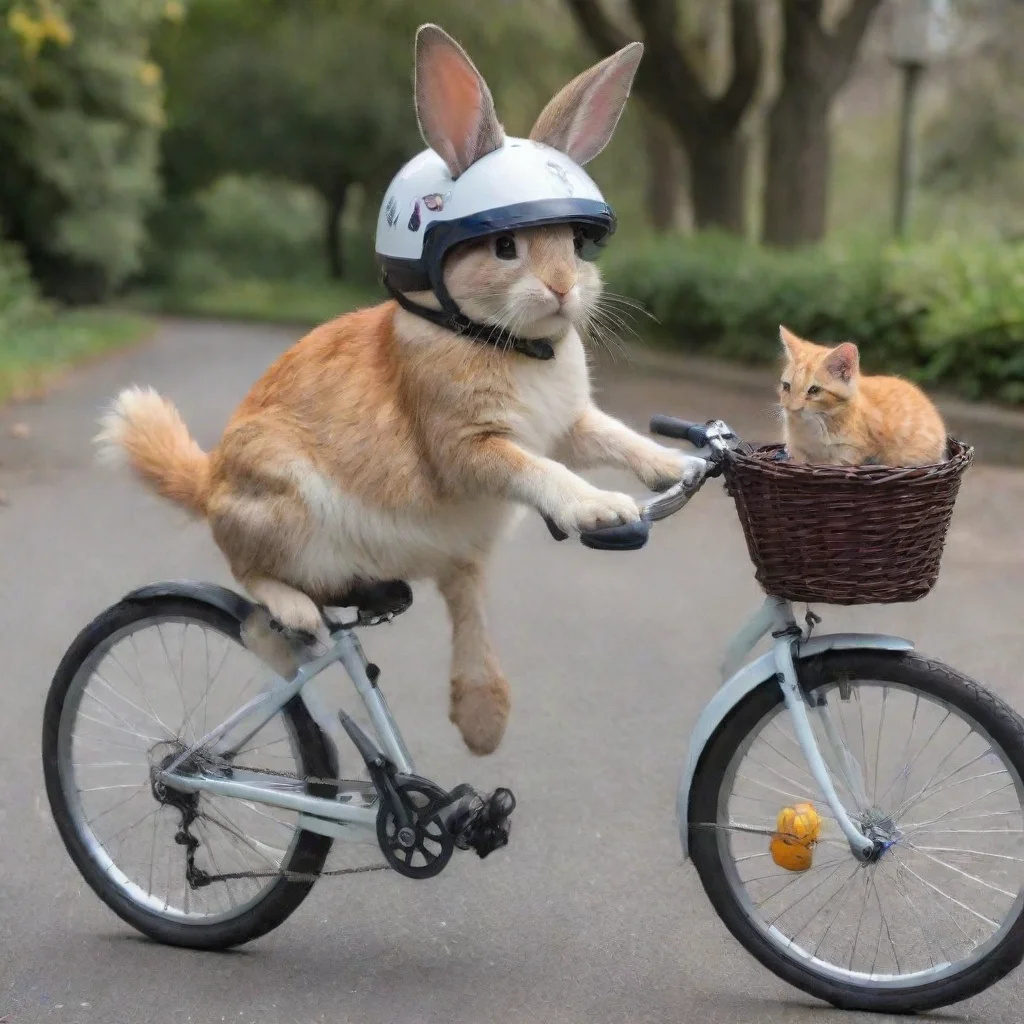 aiagame un conejo en una bicicleta con casco a la par de un gatos