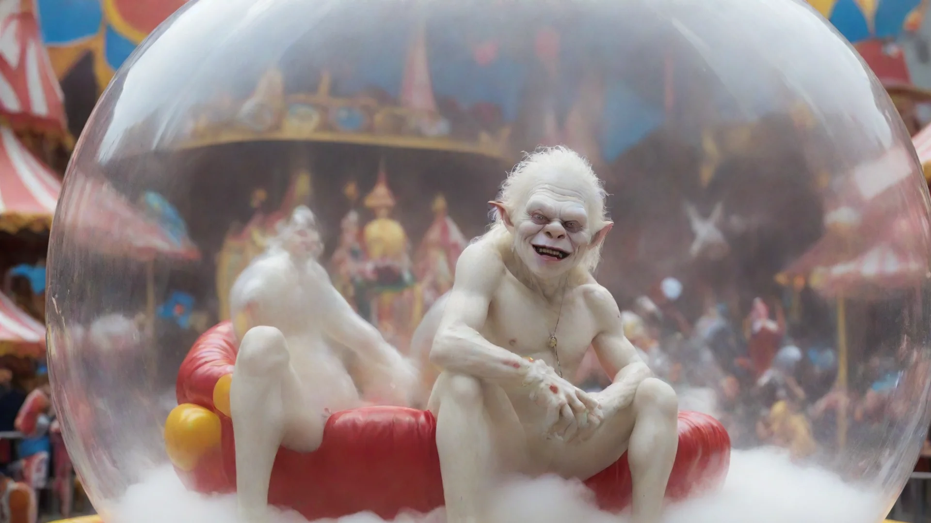 aialbino half ork sitting inside a bubble floating over a carnival in a cle wide