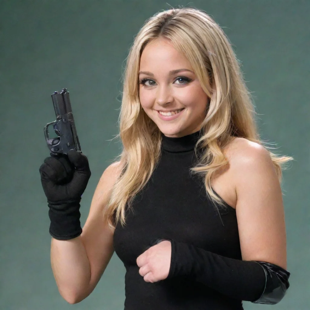 amanda bynes from the amanda show  smiling with black gloves and gun 
