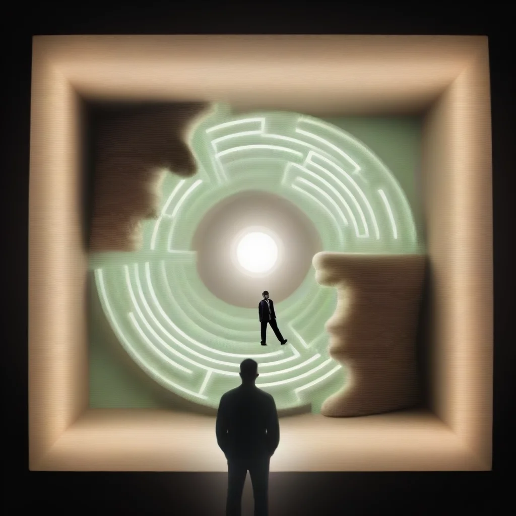 aiamazing  maze with men in front of footspets with light guiding him awesome portrait 2