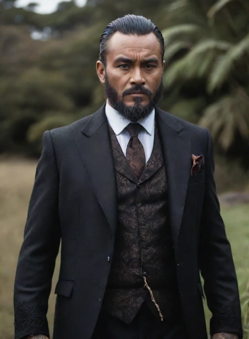 aiamazing 1800 dark gothic feel character  maori tanned skin suit with tails beard realism hd film still dramatic background olden days awesome portrait 2 portrait43