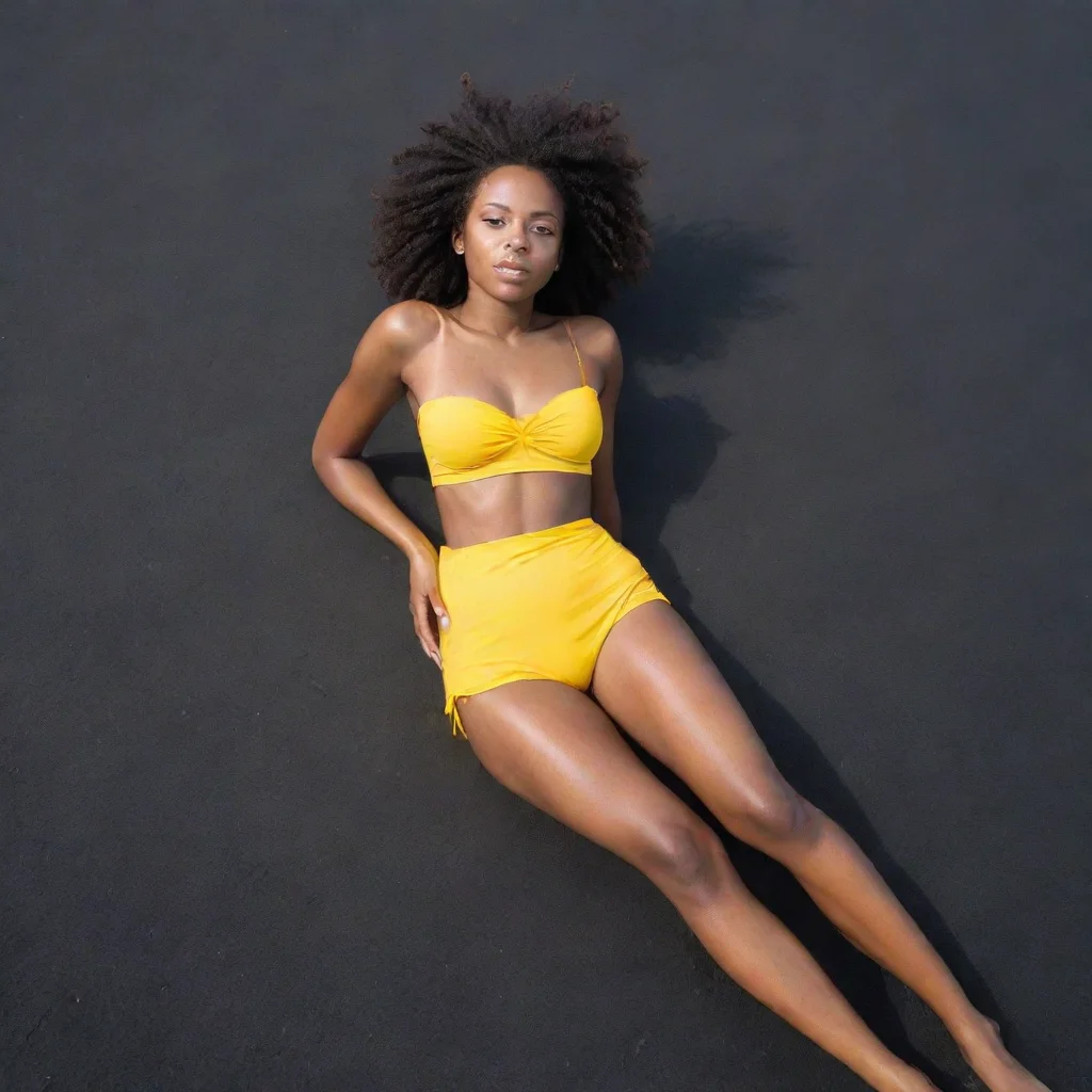 aiamazing a beautiful black girl in yellow biki sunbaking on black sand awesome portrait 2