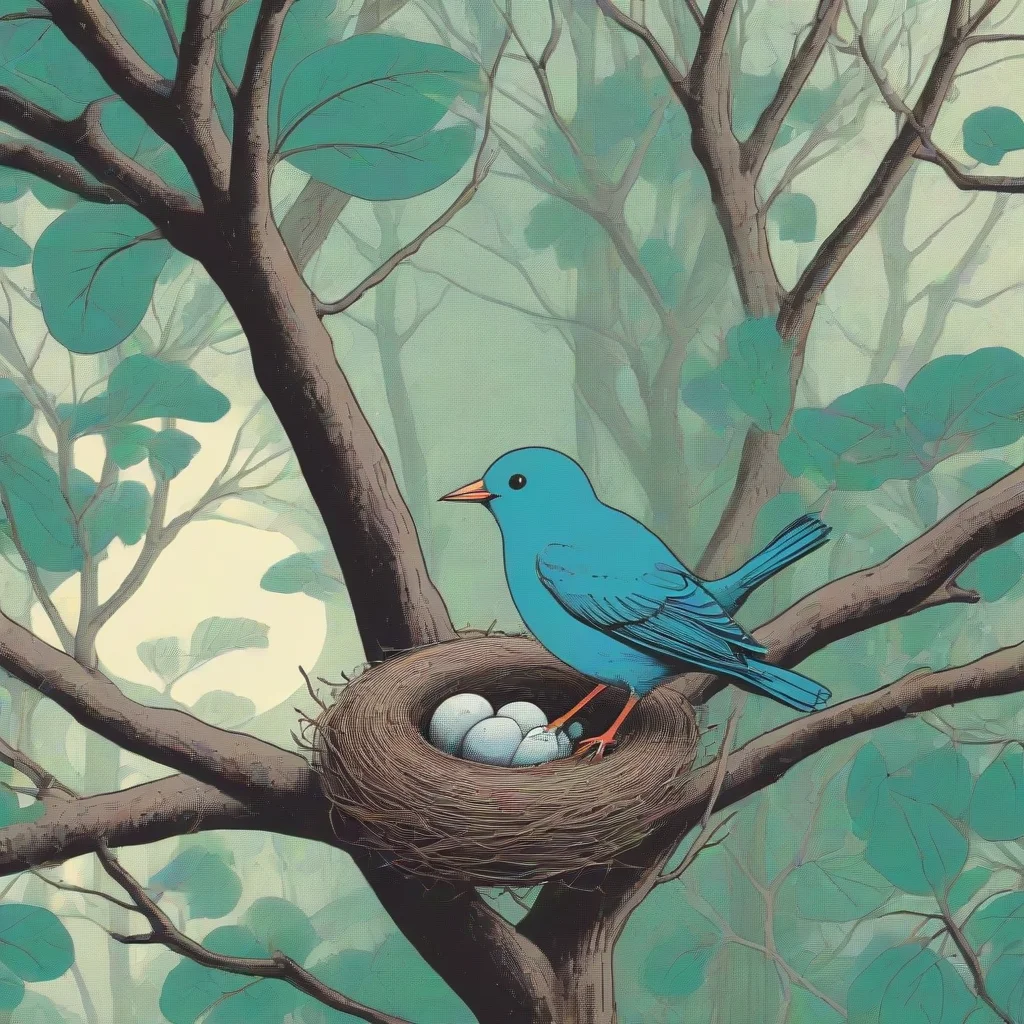 aiamazing a bird on a branch next to a nest in a lush tree in beautiful nature  risograph  in the style of chris ware ar 54 awesome portrait 2